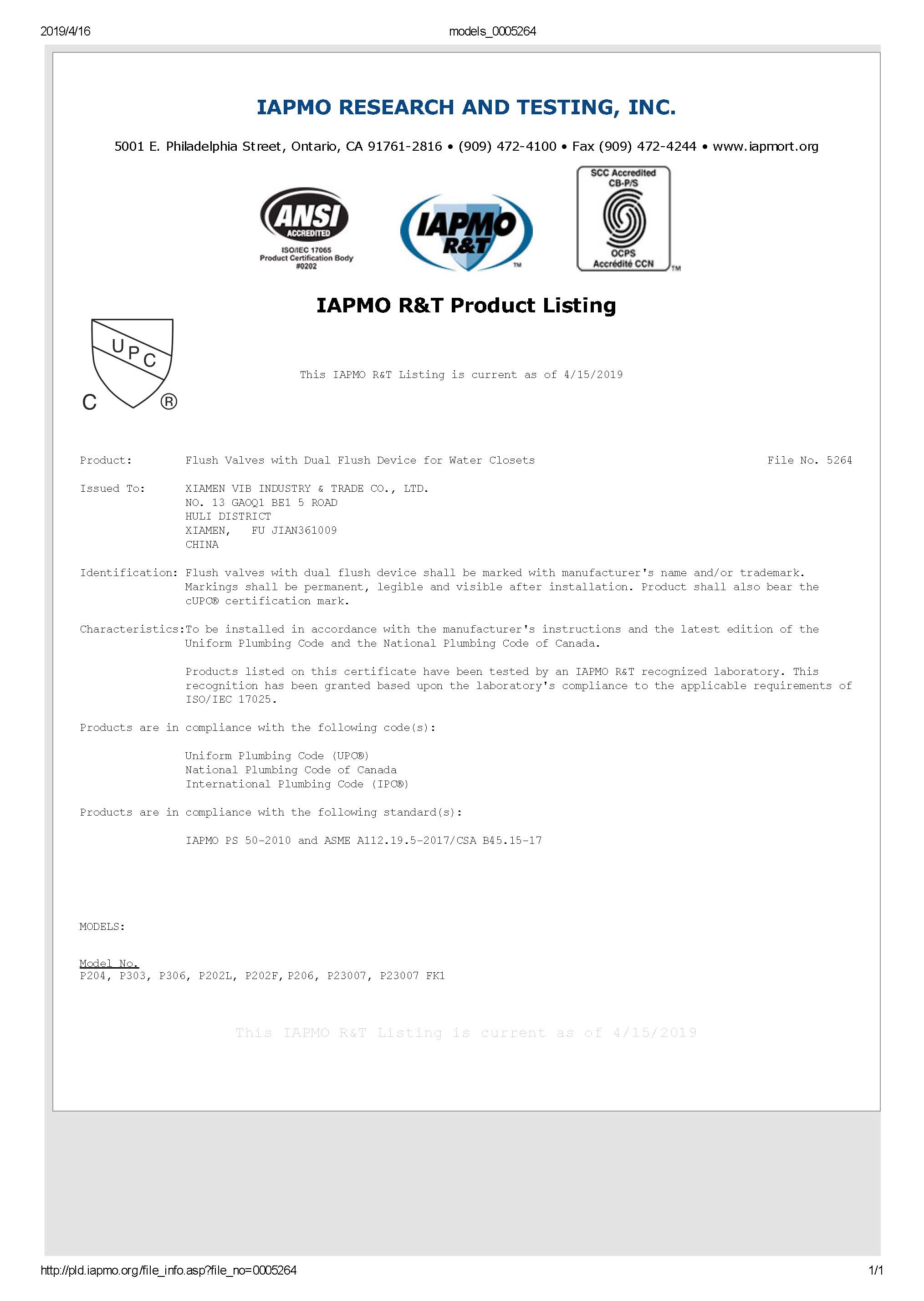 CUPC  5264 dual flush valve