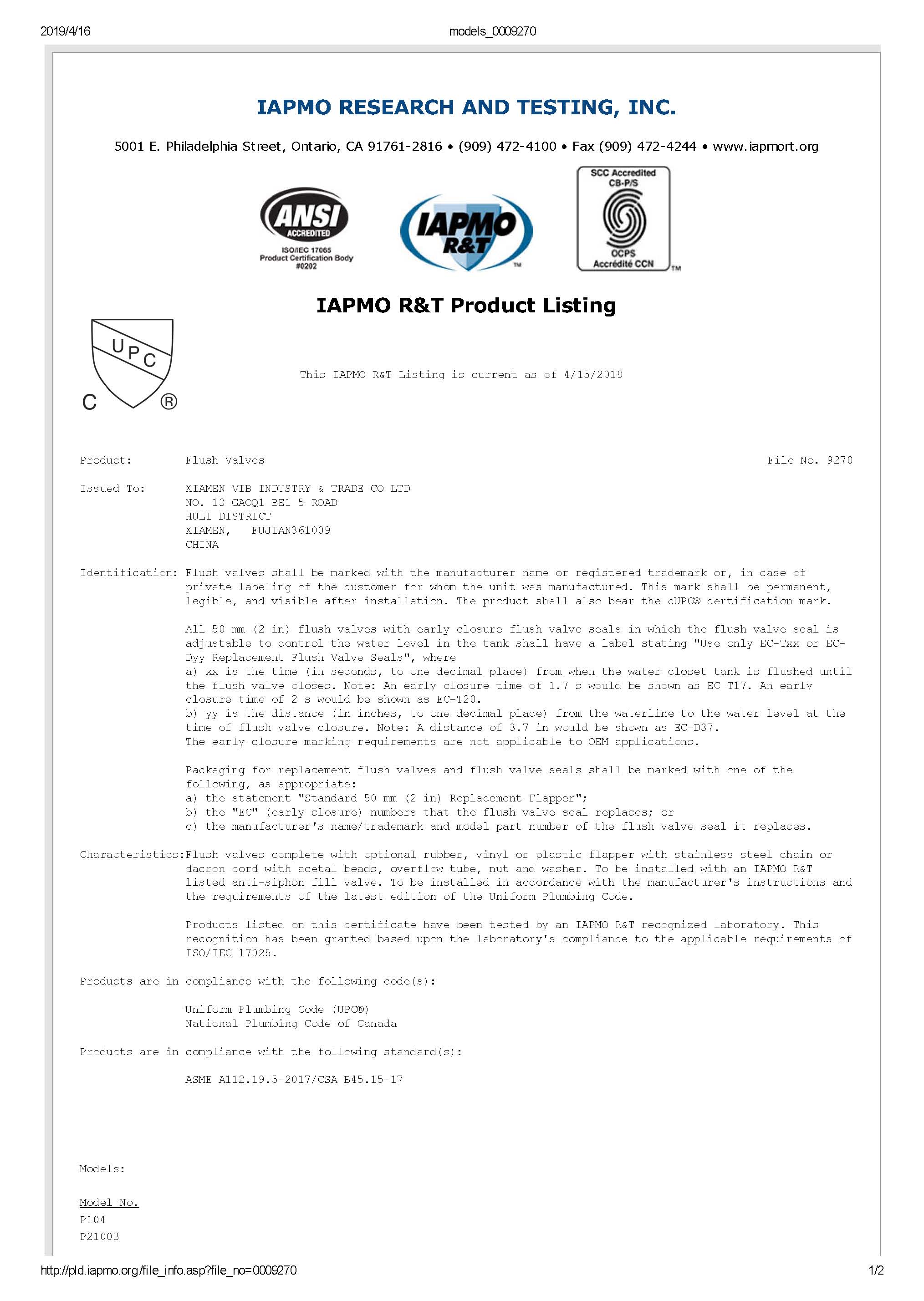 CUPC  flapper flush valve